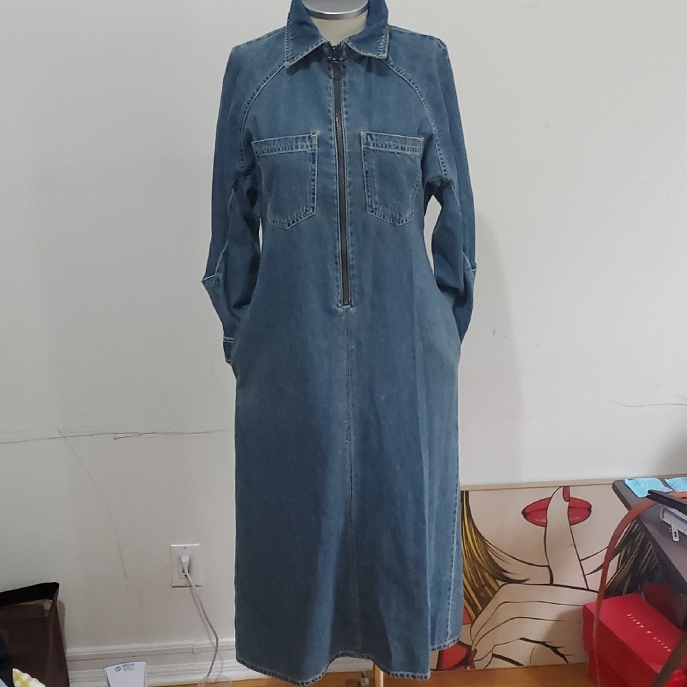 Zara Denim Long Sleeve Zip-Up Dress